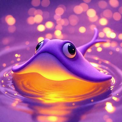 The primary subject of the image is a purple, light-up toy fish. The setting is a body of water, possibly a lake or a pond, with a purple background. The visual style is a digital art or illustration, creating a whimsical and playful atmosphere. The colors and mood are predominantly purple, with the light-up feature adding a sense of fun and excitement to the scene.